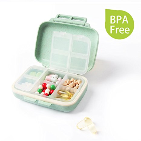 XINHOME Weekly Travel Pill Organizer- Prescription & Medication Reminder Pill Box, Portable Pocket Pill Case, 6 Compartments Travel Vitamin Organizer, Pill Container Dispenser Case (Green)