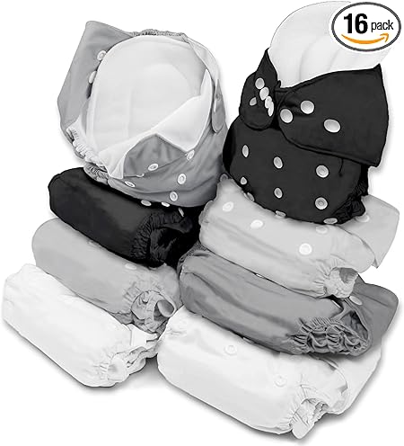 BaeBae Goods Adjustable Cloth Diapers for Boys and Girls – 8 Reusable Cloth Diapers for Babies with 8 Cloth Diaper Inserts (Solid Grey)