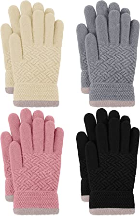 Cooraby 4 Pairs Kid's Winter Touchscreen Gloves Thermal Fleece Full Fingers Gloves Cable Knit Magic Gloves for Boy Girl