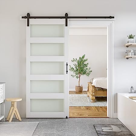 SmartStandard 36 x 84 in Glass Barn Door with 6.6FT Sliding Hardware Kit & Handle, Pre-Drilled Ready to Assemble, Waterproof PVC Coating, White, 5-Panel Glass