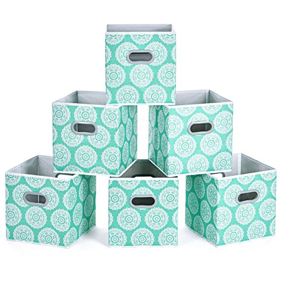 MaidMAX Fabric Storage Bins, Set of 6 Foldable Cloth Storage Cubes Organizers Drawers Containers with Dual Plastic Handles for Home Office Nursery Organization, Aqua Flower