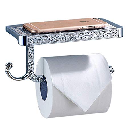 ThinkTop Antique Carving Toilet Roll Paper Holder with Phone Shelf Wall Mounted Bathroom Paper Rack and Hook-Silver
