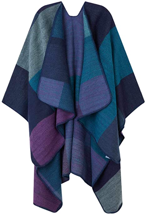 Women's Color Block Shawl Wrap Open Front Poncho Cape Plaid Poncho Wrap Oversize Cardigan Sweater for Women Ladies