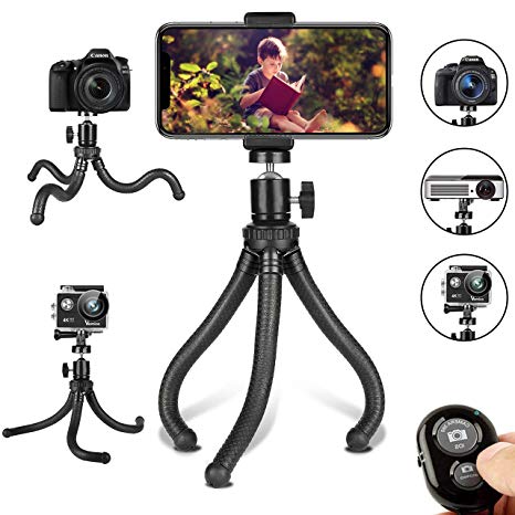 Phone Tripod, Flexible Cell Phone Tripod Adjustable Camera Stand Holder with Wireless Remote Control and Universal Clip 360° Rotating Portable Tripod for iPhone, Android Phone, Sports Camera GoPro