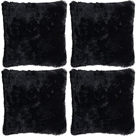 Adore 4 x Super Soft Faux Fur Cushion Cover Covers Cuddly Shaggy 43x43cm, Black