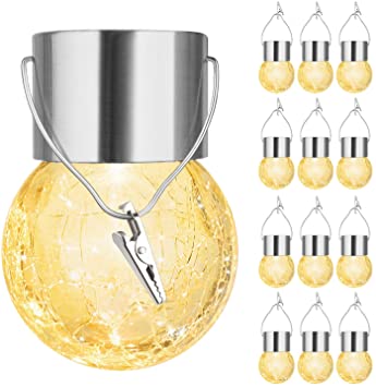 12-Pack Hanging Solar Lights Outdoor, Decorative Cracked Glass Ball Light, Solar Powered Waterproof Globe Lighting with Handle for Garden, Yard, Patio, Lawn, Holiday Decoration(Warm White)