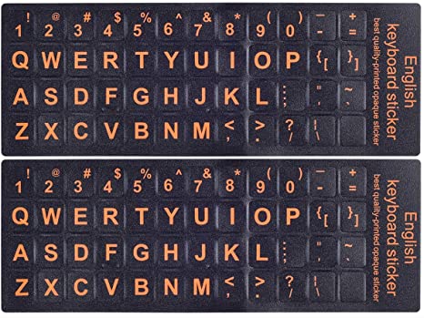 2PCS Pack Universal English Keyboard Stickers(Upper CASE), Keyboard Replacement Sticker Black Background with Orange Large Lettering for Computer Laptop Keyboard, Each Unit Size 0.43 x 0.51 inch