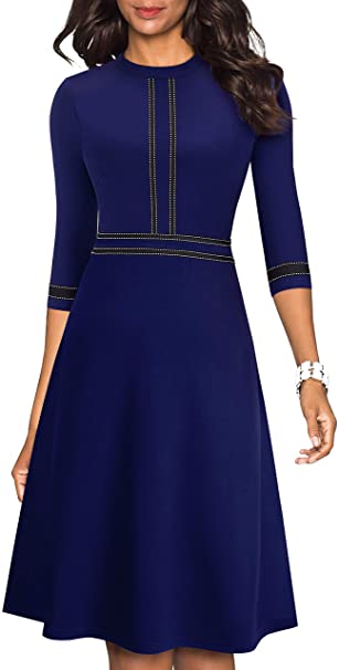 HOMEYEE Women's Chic Crew Neck 3/4 Sleeve Party Homecoming Aline Dress A135