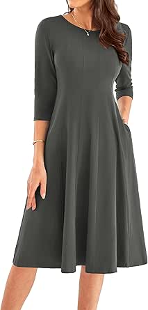 GRACE KARIN Womens 2024 Fall Trendy Crew Neck 3/4 Sleeve A Line Flowy Casual Midi Dress with Pockets