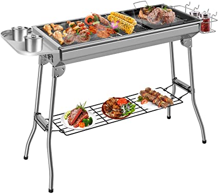 Femor BBQ Grill, Stainless Steel Barbecue Grill Smoker Charcoal BBQ, Folding Portable BBQ for 5-10 Persons Family Garden Outdoor Cooking Hiking Picnics Camping Barbecue Party