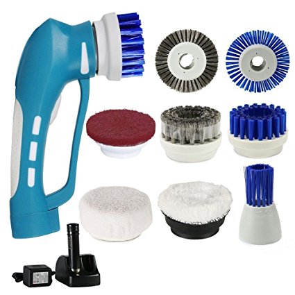 Electric Turbo Scrub Power Scrubber Cleaning Brush for Cleaning Stubborn Stains, Dirt or Oil in Kitchen and Bathroom, with 8 pcs of interchangeable multifunctional brushes, Blue, FORTUNE DRAGON.