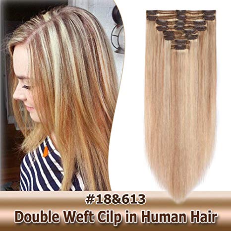 8A Grade Clip in Hair Extensions Human Hair Double Weft 10 Inch 110g Thick Soft Straight Real Remy Hair 8pcs Clip on (Ash Blonde mixed Bleach Blonde #18/613, 10’’)