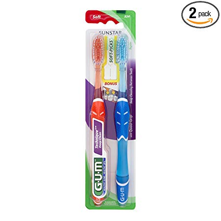 GUM Technique Deep Clean Toothbrush with Quad-Grip Handle, Full Soft Bristles, Twin Pack