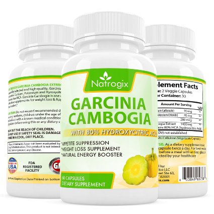 Natrogix 100% Pure Natural Garcinia Cambogia with 80% HCA (Hydroxycitric Acid) Complex All Natural Appetite Suppressant, Weight Loss Supplement Formula (60 Capsules)