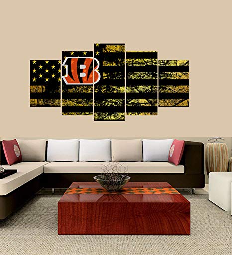 PEACOCK JEWELS [Small] Premium Quality Canvas Printed Wall Art Poster 5 Pieces / 5 Pannel Wall Decor Cincinnati Bengals Logo Painting, Home Decor Football Sport Pictures- Stretched