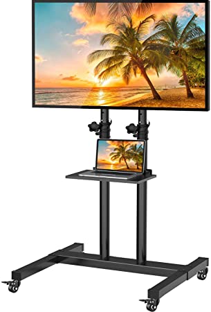 Mobile TV Stand with Wheels for 32-60 Inch LED LCD OLED 4K Flat/Curved Panel Screen TVs Tilting TV Cart Height Adjustable Max VESA 600×400mm Rolling Floor Trolley Stand w/Shelf Supports TV up to 99lbs