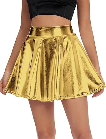 Urban CoCo Women's Shiny Flared Pleated Mini Skater Skirt