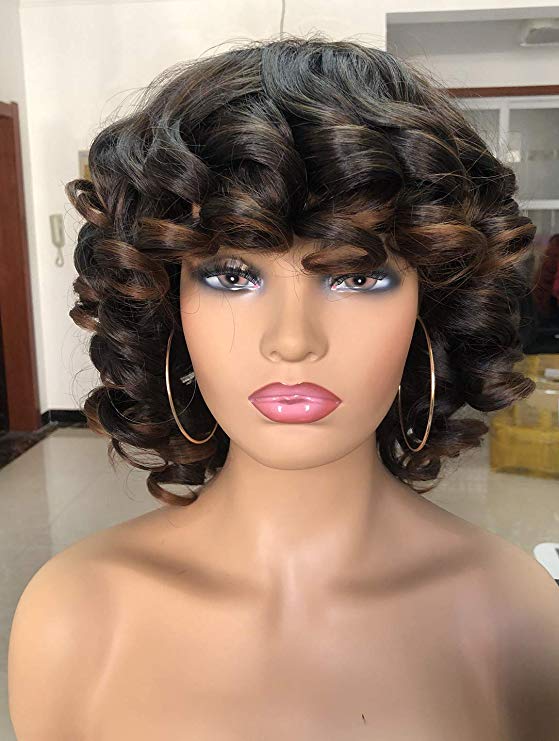 Annivia Short Afro Curly Wigs with Bangs for Women Kinky Curly Hair Wig for Black Women 2 Tone Ombre Dark Brown Big Bouncy Fluffy Curly Wig
