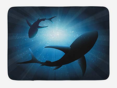 Ambesonne Shark Bath Mat, Silhouette of The Fishes Swimming at Twilight Night Moon Mystic Sea Scenery, Plush Bathroom Decor Mat with Non Slip Backing, 29.5" X 17.5", Blue