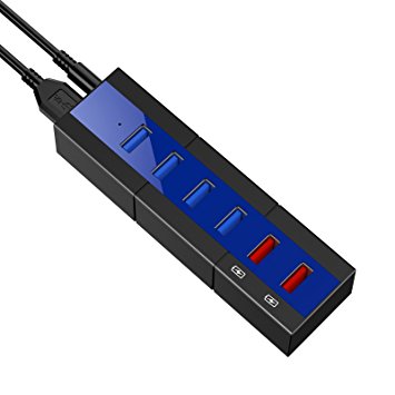 Aiibe 6 Ports USB 3.0 Hub With (5V / 3A) Power Adapter including 4 USB 3.0 Ports and 2 BC 1.2 Smart Charging Ports, Blue