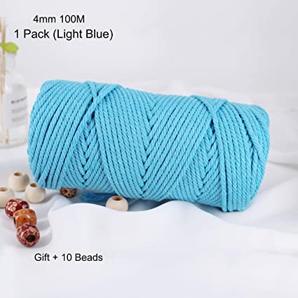 Macrame Cord 4mm 100m Cotton Rope 1 Pack Light Blue,Natural Cotton Rope for Colorful Macrame Supplies Hand Knitting, 4 Strands Twist Cotton Rope for Handmade Colored Wall Hanging Weaving Tapestry