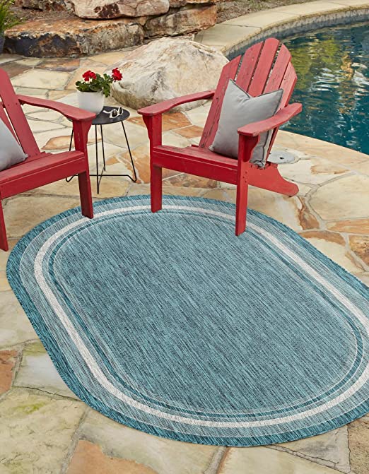 Unique Loom Outdoor Border Collection Transitional Indoor & Outdoor Casual Solid Tonal Border Area Rug (3' 3 x 5' 3 Oval, Teal/ Beige)