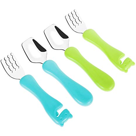 Lictin 5pcs Toddler Cutlery Sets 2 Sets Infant Spoons and Forks Kit Stainless Steel Fork and Spoon Set Clever Grip, Knife Fork Flatware Baby Feeding Utensil with 1 Storage Bag