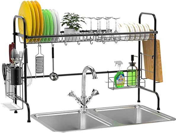 Over The Sink Dish Rack, Ace Teah Large Dish Drying Rack with Utensil Holder Hooks, Black