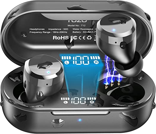 TOZO T12 Wireless Earbuds Bluetooth Headphones Premium Fidelity Sound Quality Wireless Charging Case Digital LED Intelligence Display IPX8 Waterproof Earphones Built-in Mic Headset for Dark Black