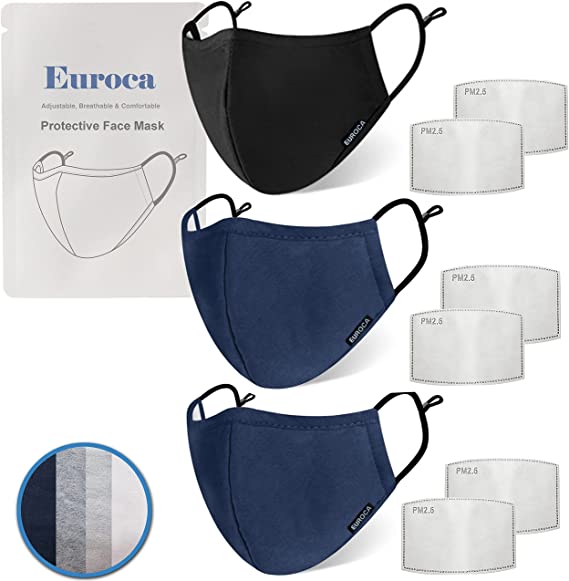 Euroca 4 Layer Face Masks Reusable Washable Made from Cotton Fabric with Nose Wire Adjustable Ear Loop for Mens Womens Teens -3 Packs with 6 Filters Included (Black Navy Navy Large 3PK)