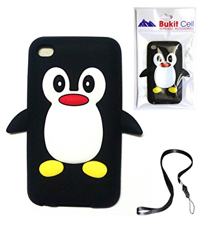 Apple IPOD TOUCH 4 4G 4TH GENERATION (ITOUCH 4 8GB 16GB 32GB) Black Penguin Silicone Silicon Case Cover   Free WirelessGeeks247 Detachable Neck Strap / Lanyard