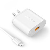 Qualcomm Certified Aukey Quick Charge 20 18W USB Turbo Wall Charger Fast Charger for Samsung Galaxy S6 S6 Edge and more Included an 20AWG 33ft Micro USB Cable -White