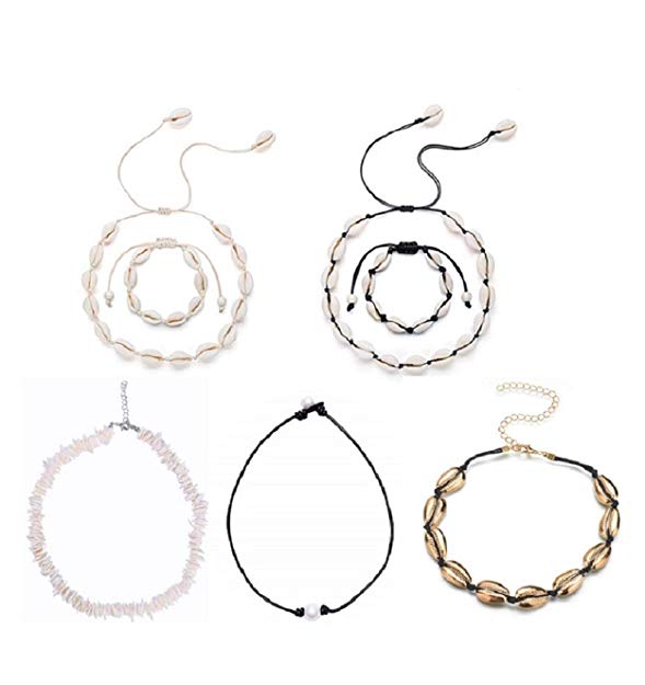 BEAUTEVER Natural Shell Choker Pearl Puka Shell Necklace Braid Anklets Bracelet Beach Handmade Jewelry for Teen Girls Women