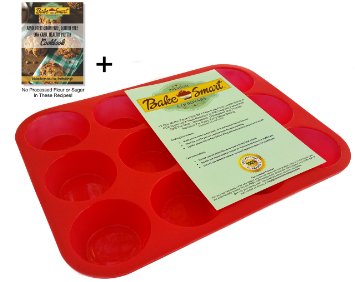 12 Cup Silicone Muffin & Cupcake Baking Pan / Non Stick / Dishwasher/Microwave Safe from Bake Smart Cookware. Moist & Delicious Baking! Grain Free Recipe eBook Included for a Healthy Lifestyle! (Red)