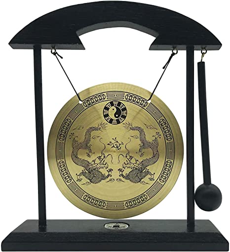 Mose Cafolo Zen Art Brass Feng Shui Desktop Table Gong, Dragon with Taiji Symbols, Makes Clear Sound, Collectible Figurines