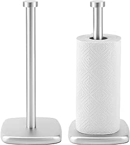 QWORK Stainless Steel Countertop Paper Towel Holder -Kitchen Paper Towel Holder Modern Stand Up Design for Kitchen and Bathroom Countertops - Weighted Base, Easy One-Handed Tear, 2 Pack