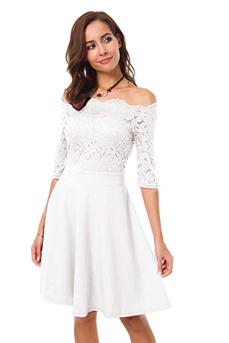 Womens Vintage Lace Off Shoulder Puffy Swing Dresses Sexy Elegant Wedding Dress for Party Cocktail