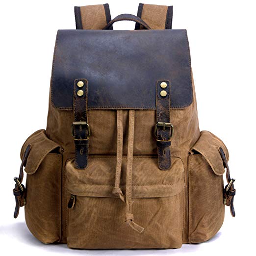 SUVOM Vintage Canvas Genuine Leather Laptop Backpack for Men School Bag 15.6" Water Resistant Travel Rucksack