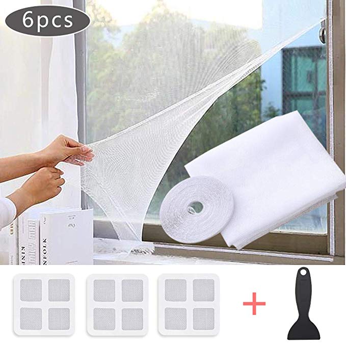 Faburo 6pcs Window Insect Screen Net-1pcs Insect Mosquito Screen Net Window Fly Bug Protector Mesh, 1pcs Self-Adhesive Tape, 1pcs Pressing Tool and 3pcs Window Insect Net Repair Patch Tapes