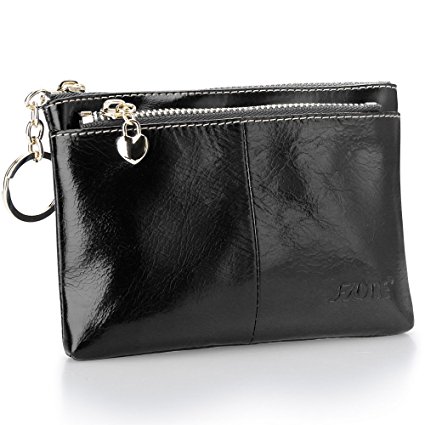 ON SALE - S-ZONE Women's Top Grain Leather Small Wallet Change Coin Purse Card Holder with Key Ring