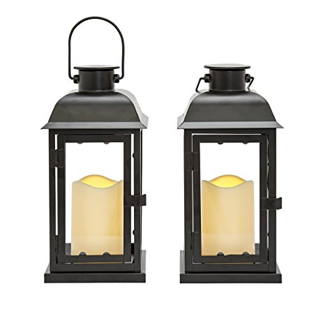 Set of 2 Indoor and Outdoor Solar 11" Black Metal Flameless Lantern (Battery Included)