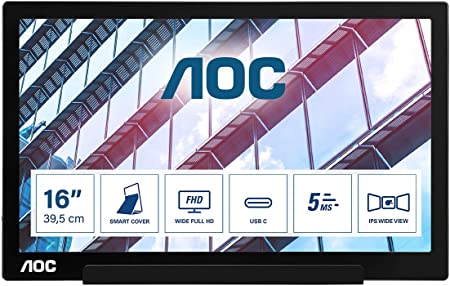 AOC i1601P - 16 Inch Portable monitor, FHD, USB-C, 60 Hz, Smart Cover, Auto Pivoit, Ultra Light