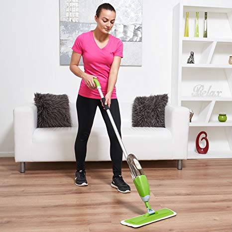 Vinsani Green Spray Floor Mop Water Spraying Floor Cleaner Refillable Bottle Suitable for Hardwood, Wood, Vinyl, Ceramic, Concrete, Tiles Laminate Floors Includes 2 Machine Washable Microfibre Pads