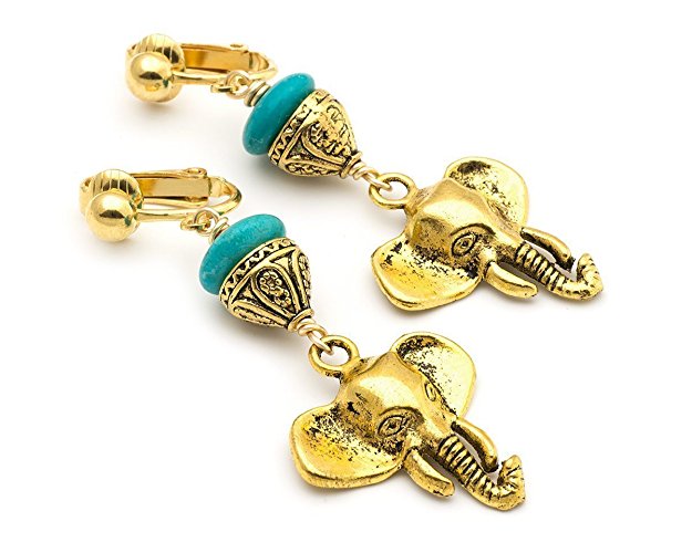 Gold tone elephant blue howlite gemstone drop clip on earrings