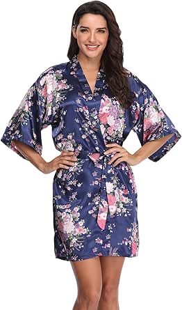 Super Shopping-zone Women's Floral Short Satin Bridesmaid Robes Silky Bride Robes Getting Ready