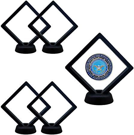 NOBBEE Coin Display Case 5 PCS 3D Display Frames with Stands Jewelry Display Case Suspending/Floating Effect Holder for Displaying Perls, Medals, Specimens and Challenge Coins (5 PCS Black, Square)