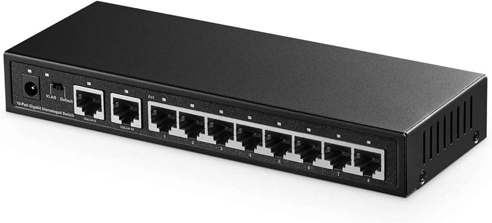 Binardat 10 Port Gigabit Ethernet Switch, 8 Ports 100/1000Mbps, 2 Gigabit Uplink, Support Vlan, Metal Case Unmanaged Plug and Play