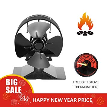 Newest Stove Fan Small Height SF-524,Anodized Aluminum-Circular Thickened Baffle Protection Motor Design,4-Blade Heat Powered Fan for Wood Burning Stove (Small Size,Black)