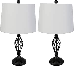 Lavish Home Set of 2 Table Lamps - Modern Lamps with USB Charging Ports and LED Bulbs - for Living Room, Office, or Bedroom Decor (Black)