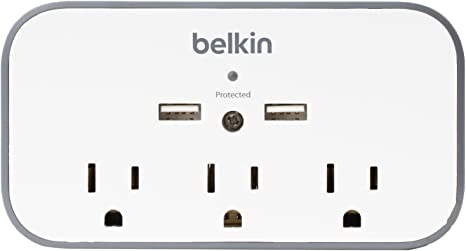 Belkin Wall Mount Surge Protector - 3 AC Multiple Outlet Extender & 2 USB Ports - Flat Rotating Plug Wall Mount Cradle for Home, Office, Travel, Computer Desktop & Charging Brick (540 Joules) - 4 Pack